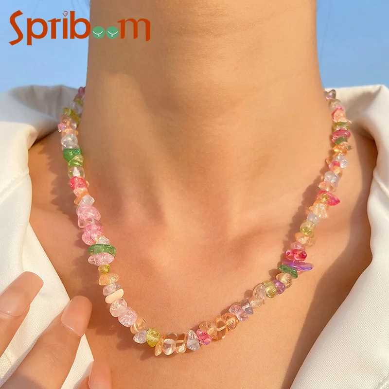 

Pink Crystal Stone Necklace for Women Summer Sweet Beaded Necklaces Irregular Bead Colorful Girls Choker Aesthetic Jewelry Gifts