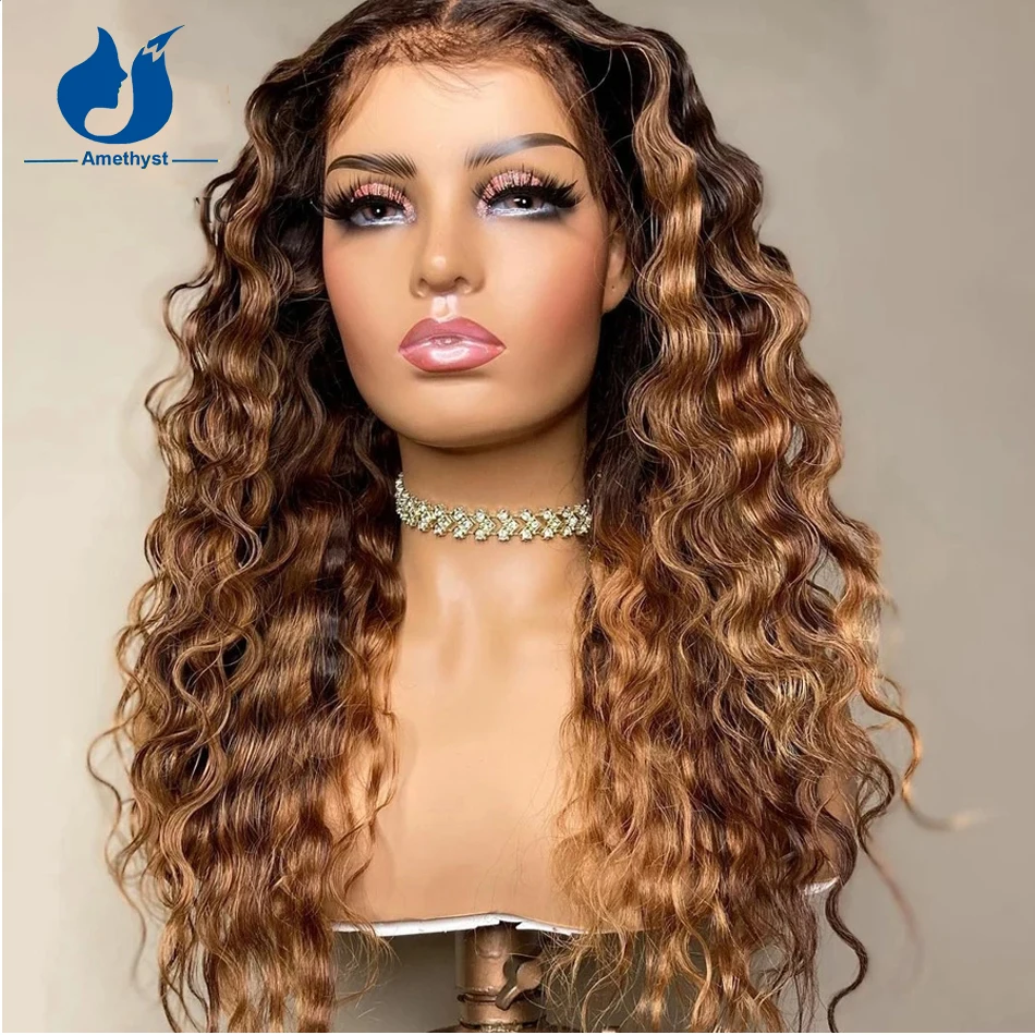 

Amethyst Highlight Deep Wave Closure Wig 5x5 PU Scalp Top Lace Wig Human Hair Brazilian Remy Glueless And Preplucked For Women