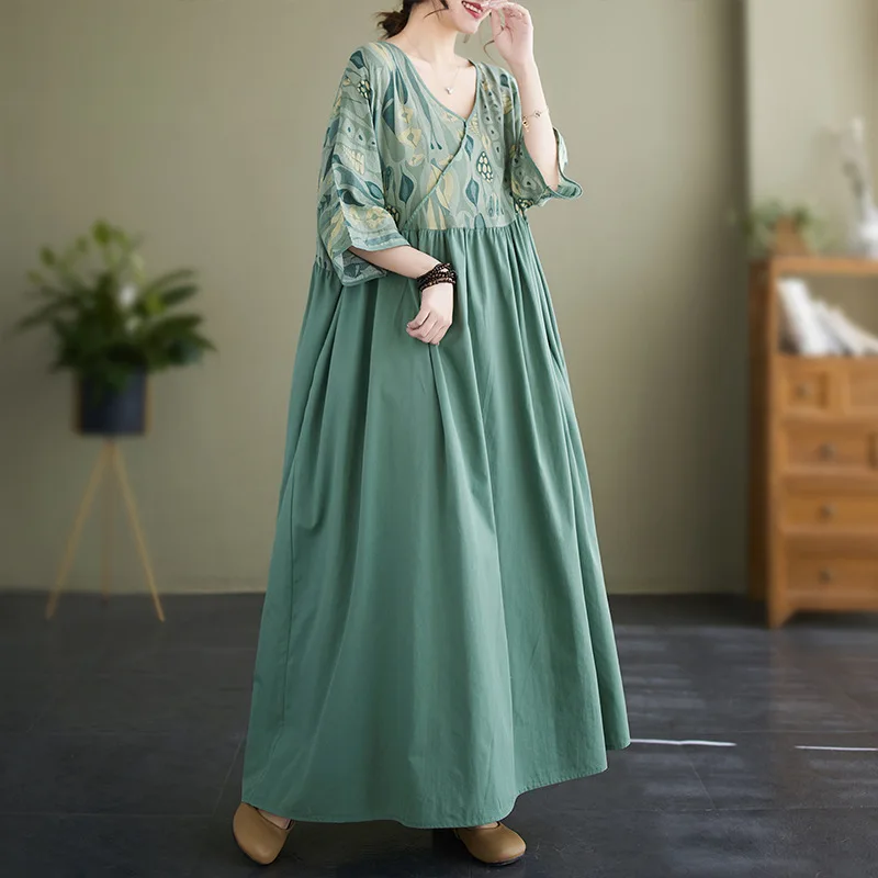 

Casual Irregular Elegant Long Party Dress Oversize Women's Summer New Dress 2023 Fashion Cotton V-neck Comfortable Printing