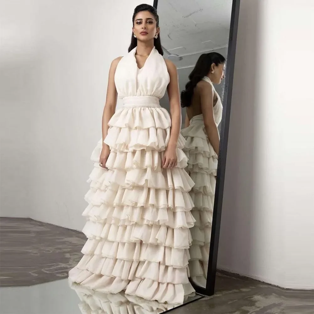 

Sexy Tiered Ruffles Tulle Evening Dresses Saudi Arabic Halter Pleat Ruched A-Line Prom Dress Wedding Party Gowns 2023