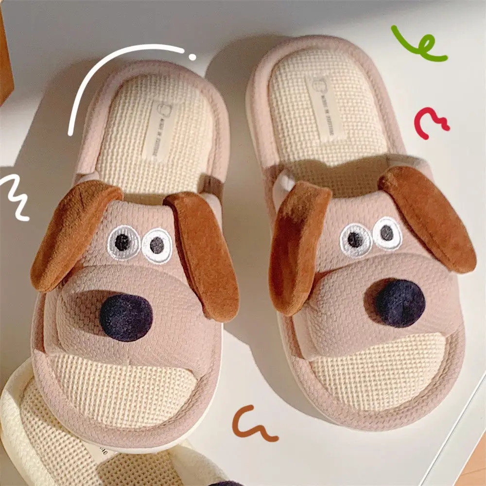 Anti Odor Funny Puppy Slippers Women's Summer Indoor Shoes Girls Cotton Linen Slides Hemp Shoes Women House Mules Slippers Ears