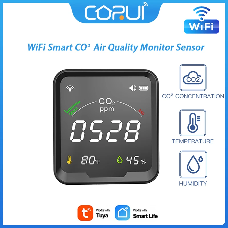 

Датчик контроля качества воздуха CoRui Tuya Wi-Fi CO2, датчик температуры и влажности с уровнями CO2 PPM, экран, устройство оповещения