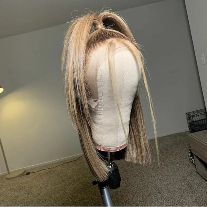 

Blunt Bob Ombre Blonde Straight Human Hair Wig Glueless Jewish Wig European Hair Silk Base Wig For Women Costom Made Kosher Wig