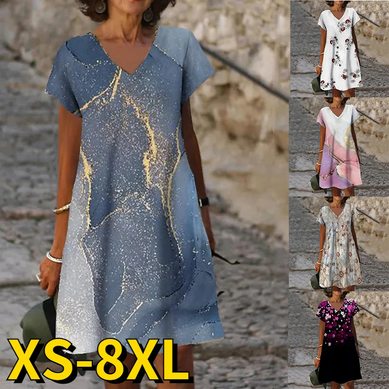 

2022 New Summer Elegant Ladies Abstract Print Dress V Neck Women Fashionable Pullover Dresses Midi Skirt New Design Casual Dress