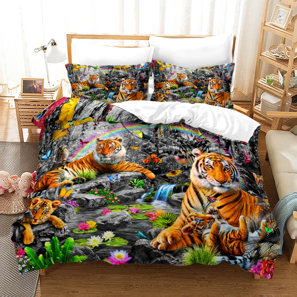 

Комплект постельного белья с рисунком тигра, пододеяльник, 3D озеро, радуга, принт, дикие животные, большой размер, для детей, мальчиков и дево...