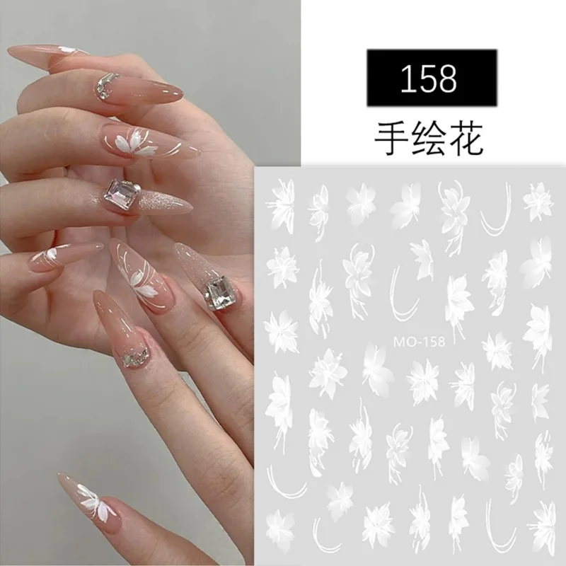 Белые и черные листья наклейки для ногтей летние маленькие цветы 3D