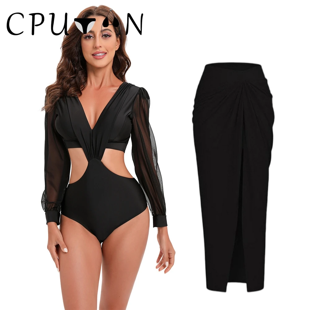 

CPUTAN 2023 Sexy Long Sleeve Bikini Set High Waist Swimsuit Skirt Monokini Surfing Women Swimwear Brazilian Bathing Suit Dress