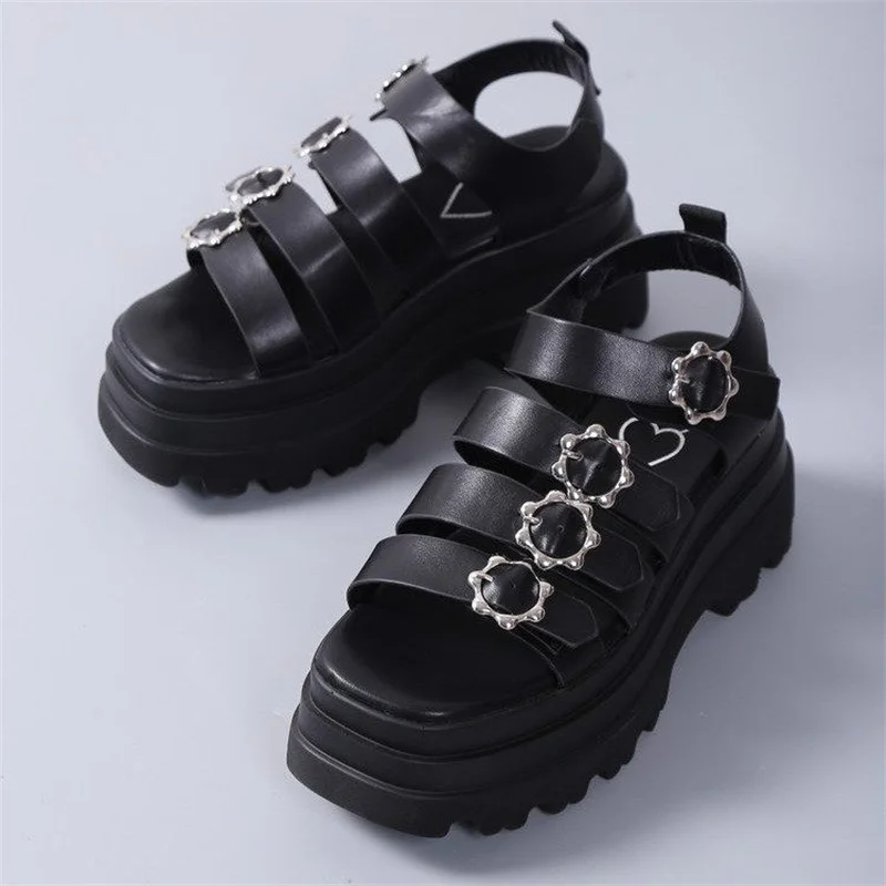 2023 Women's Platform Sandals Summer New Metal Decoration Chunky Black Women Sandals Ladies Casual Roman Sandalias Women Shoes