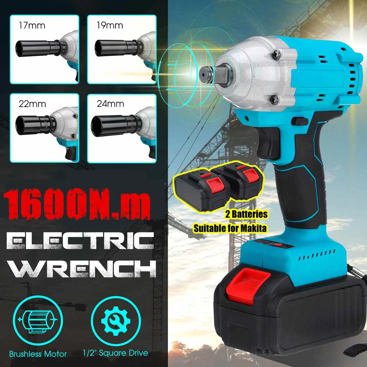 

1600N.m 588Vf High Torque Brushless Wrench Cordless Electric Impact Wrench 1/2 Socket Power Tools for Makita 18V Battery