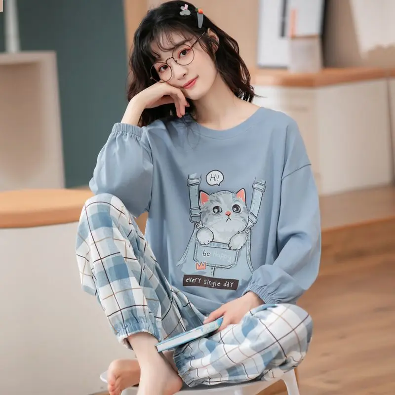 New spring and autumn pajamas women's cotton long-sleeved suit cute cartoon wearing casual student home clothes two-piece.