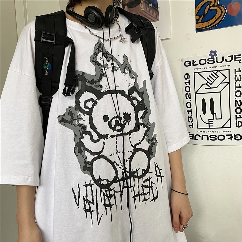 

Harajuku Women T-Shirt Female Vintage Korean Clothes Goth Y2K Anime Cartoon Graphic Print Oversized Tops Short Sleeve