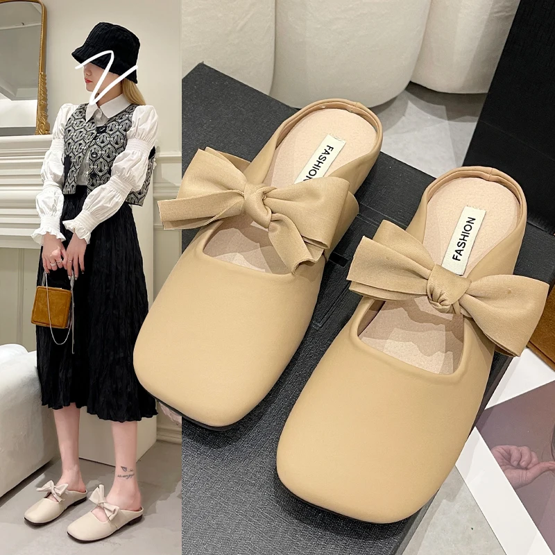 

Slippers Casual Shoes Woman 2022 Pantofle Butterfly-Knot Low Female Mule Cover Toe Luxury New Mules Flat Slides PU Rubber Fashio