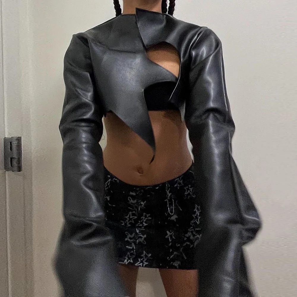 Женская короткая куртка из ПУ кожи с длинным рукавом