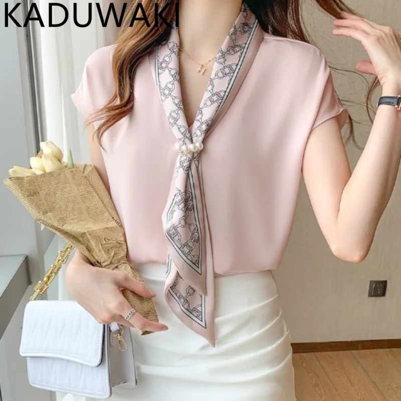 

Summer Blusas Simple Office Lady Chiffon Blouse Female Shirt Lace-Up Tops Casual Korean OL Style Loose Blouses Women 2023 New