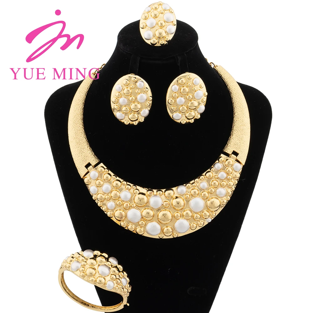 

YM Jewelry Set For Women Dubai Gold-Plated Necklace Round Beads Texture Bracelet Earrings Adjustable Ring Nigerian Wedding Party