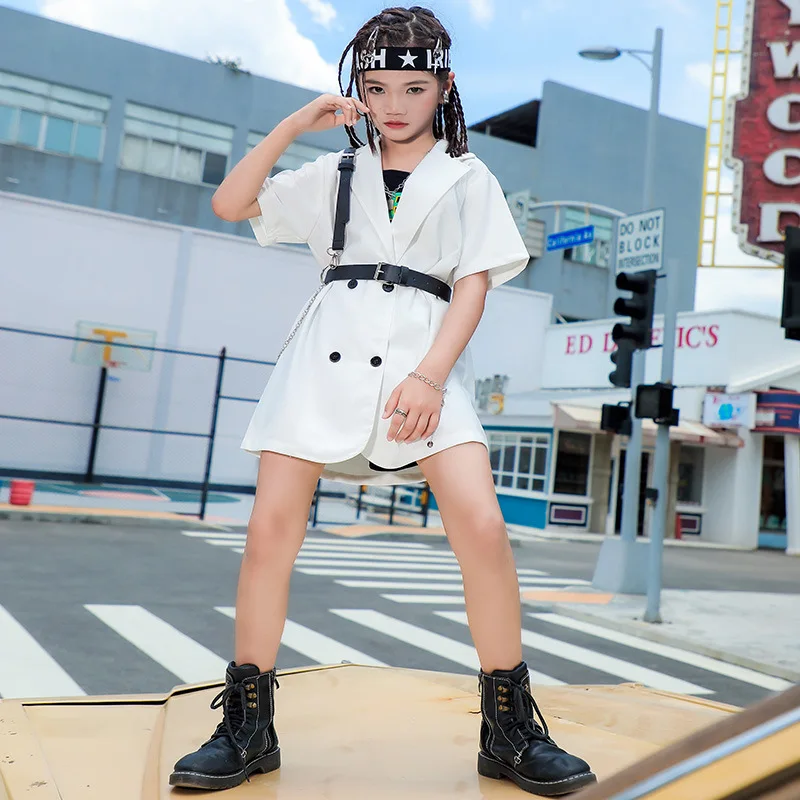 Fashion Teen Girls Jazz Dance Sets White Blazer Jacket and Shorts 2pcs Summer Children's Outfits Kids Hip Hop Costume 3-14 Years