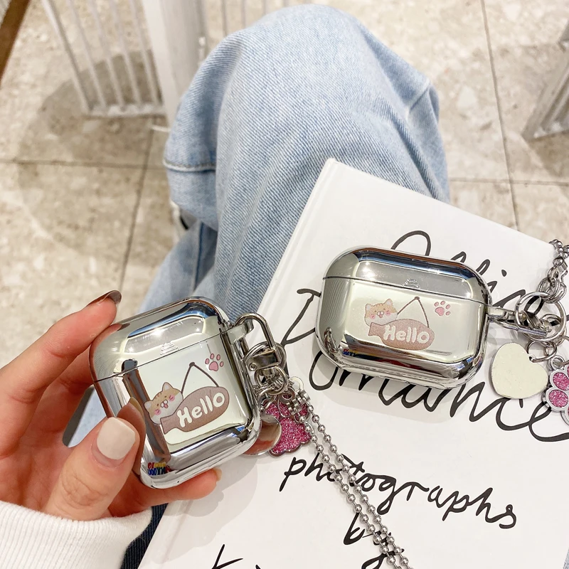 

Cute Cat Mirror Plating Case with Pendant for AirPods Pro Cover for Apple AirPods 2 3 Generation Earphone AirPod Protective