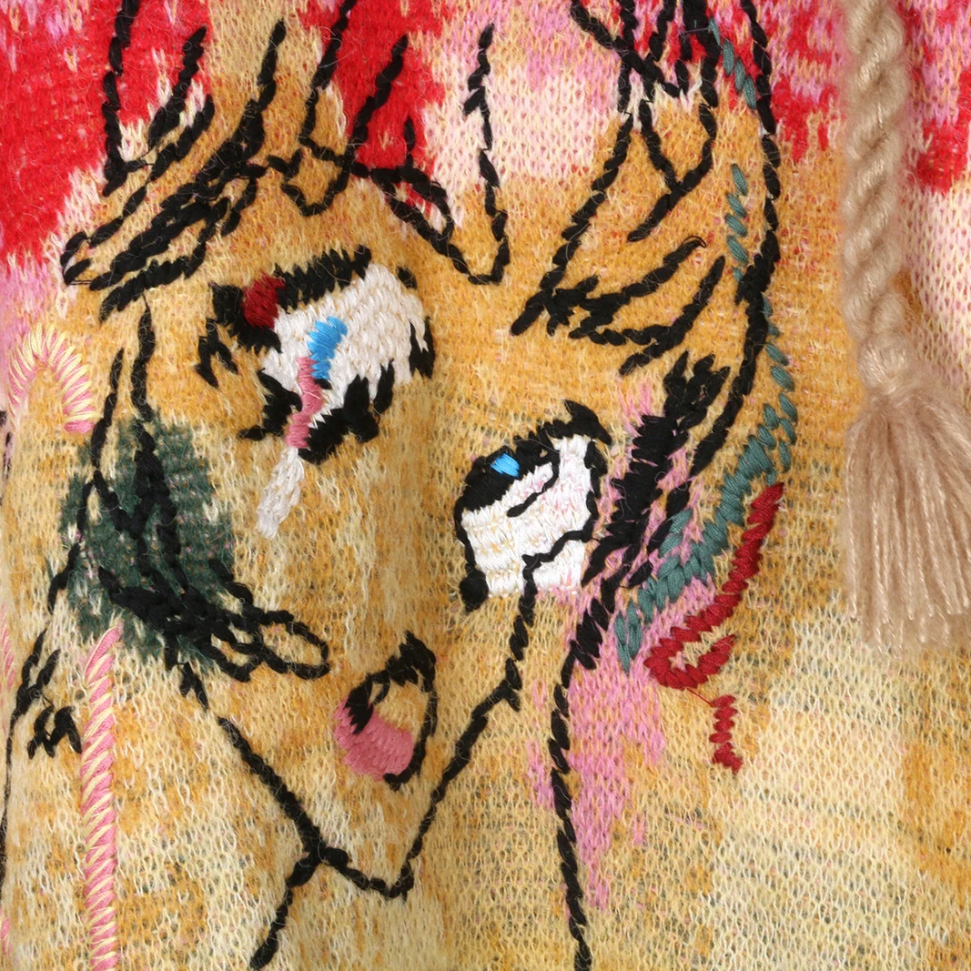 Красочный женский пуловер с капюшоном вязаный свитер граффити красивый для