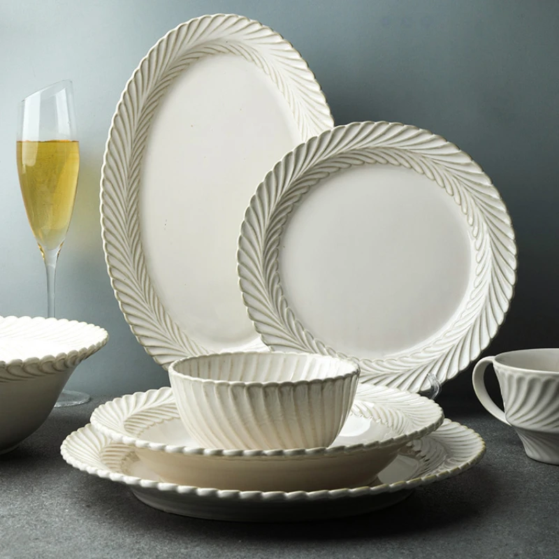 

Japanese White Uniform Glazed Ceramic Tableware Bowl Plate Set Rice Bowl Vegetable Plate Soup Bowl Noodle Bowl Steak Plate