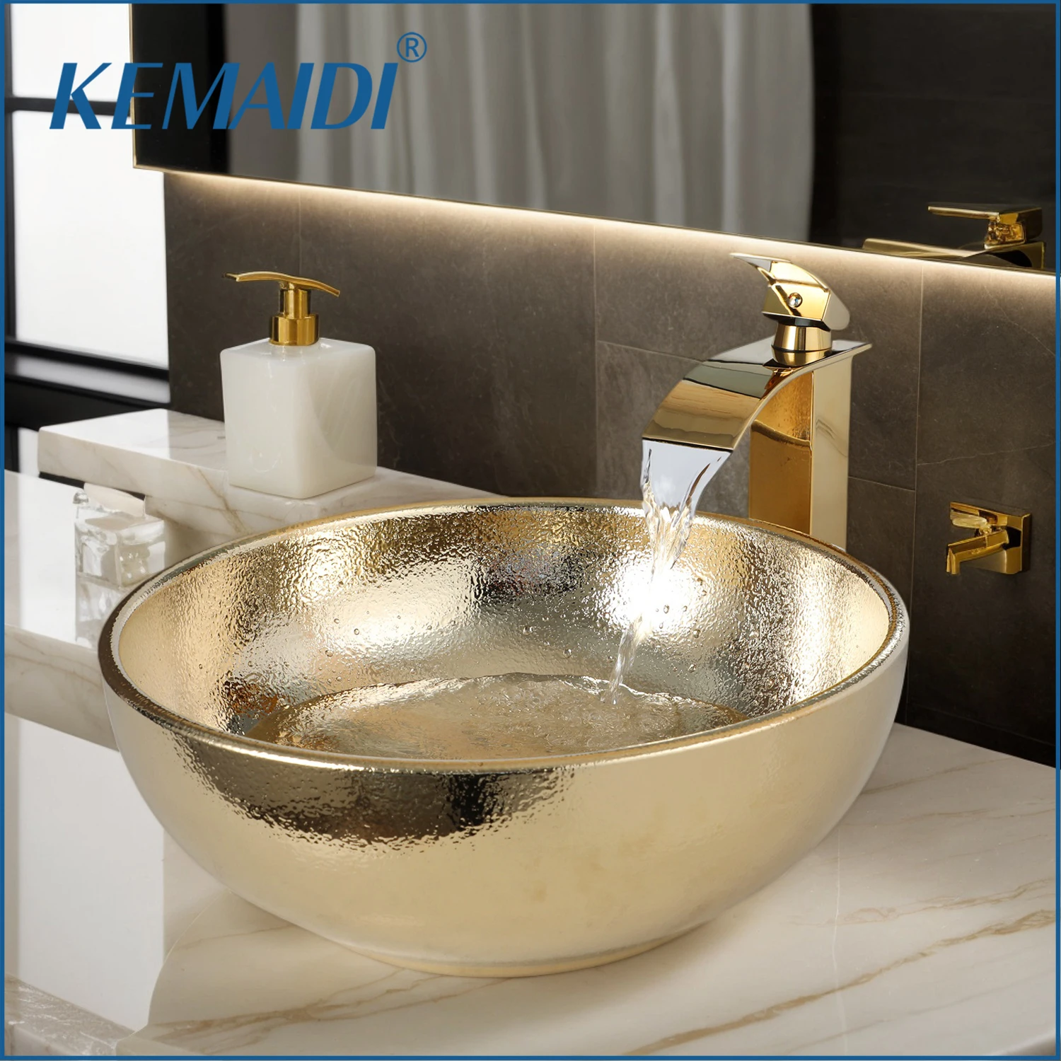 Фото Керамическая раковина KEMAIDI Gold с краном, круглая, для установки на столешницу, для ванной комнаты, отеля, сада №1
