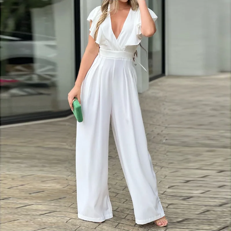 

White Temperament V-neck Drop Wide Leg Pants Overalls Casual Office Commuting High Waist Romper Summer Women Fashion Jumpsuits