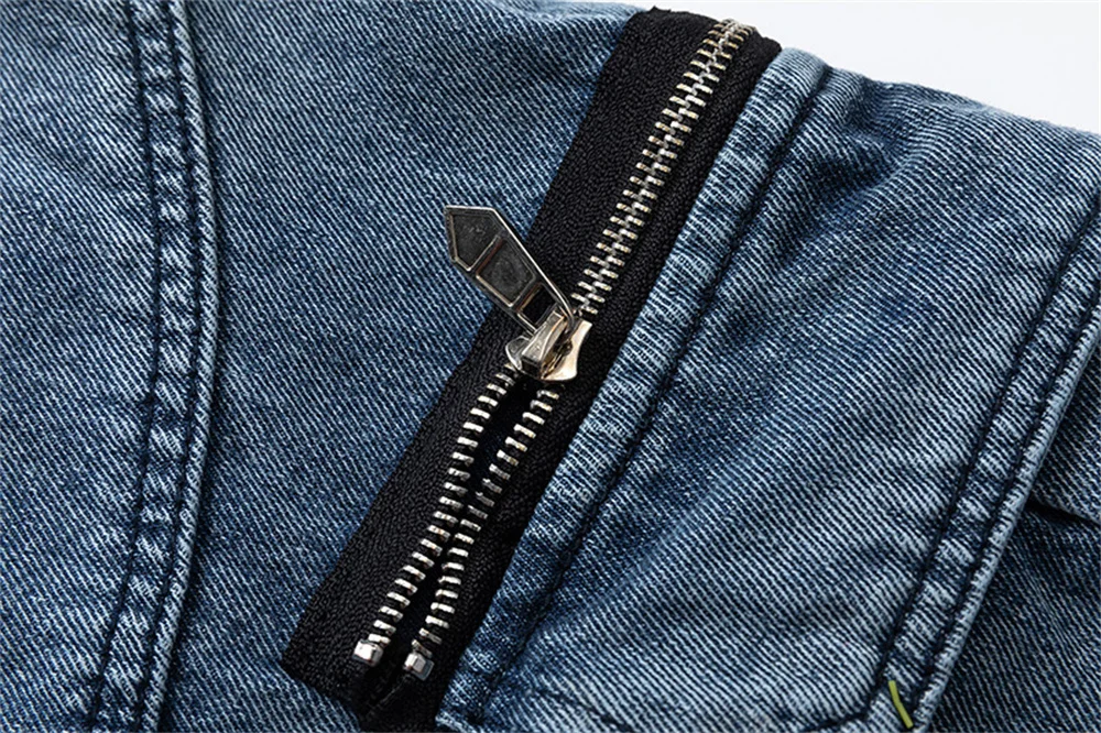 Blue Mens Loose Cargo Jeans Fashion Side Zip Pockets Washed Baggy Denim Pants High Street Hip Hop Vintage Ripped Jean Oversized