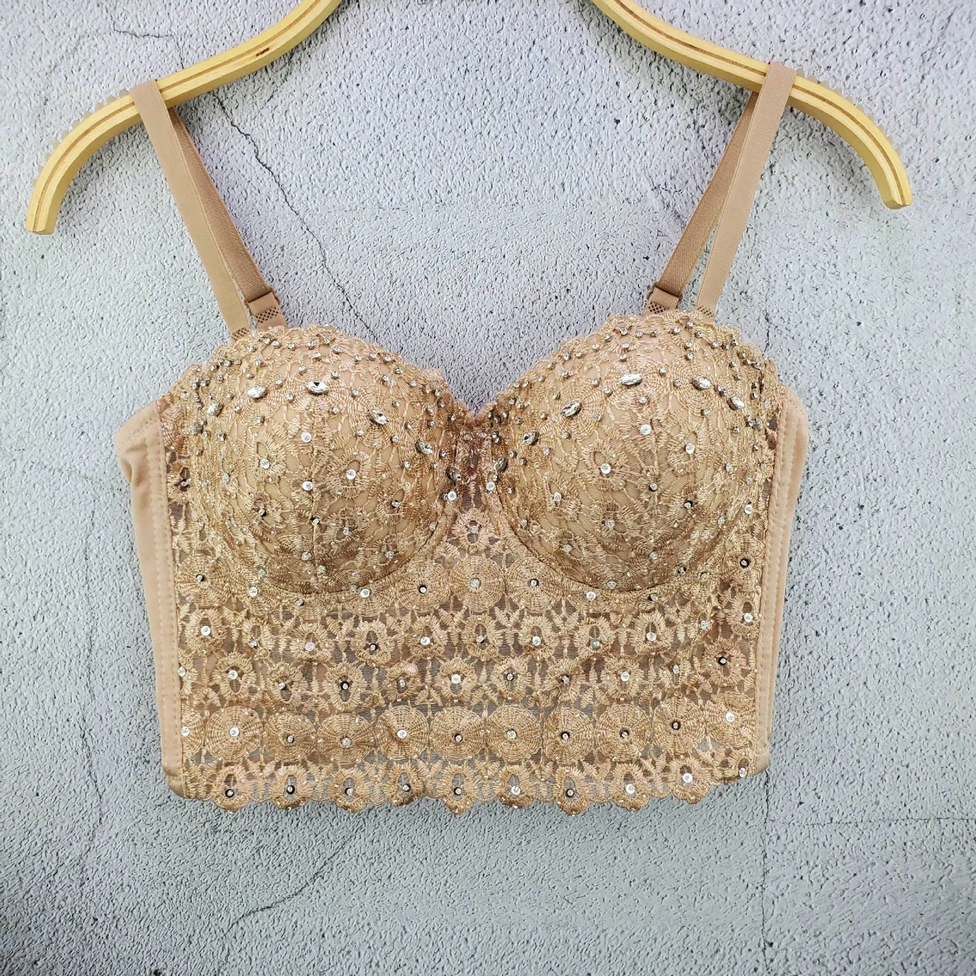 

2022 New Nude Mesh Lace Bead Bustier Pearls Diamond Push Up Night Club Bralette Women's Bra Cropped Top Camis