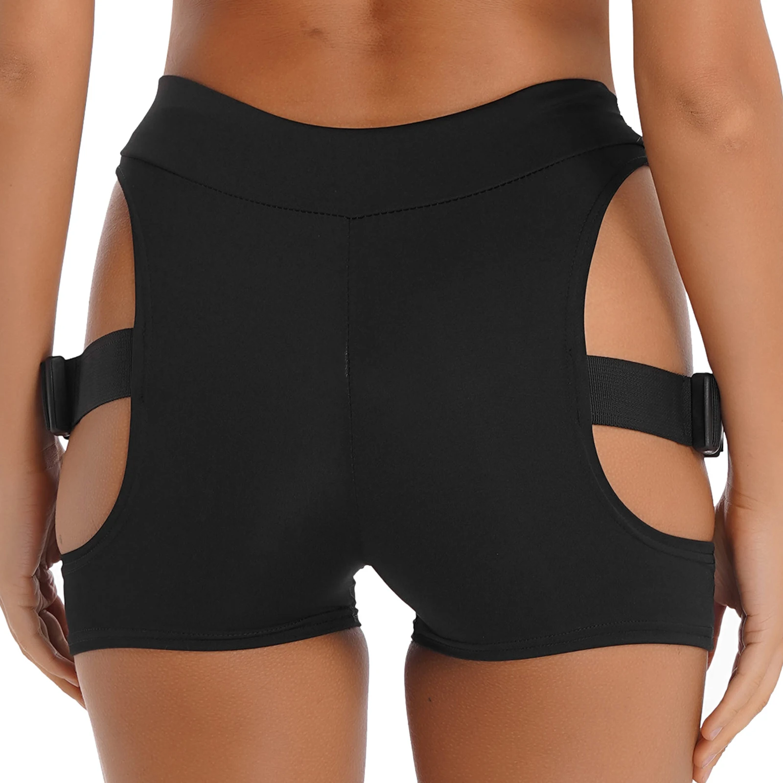 Black Women Sexy Hollow Out Cutout Side Gym Fitness Shorts Plastic Release Buckles Designed Shorts Fashion Hot Pants Clubwear