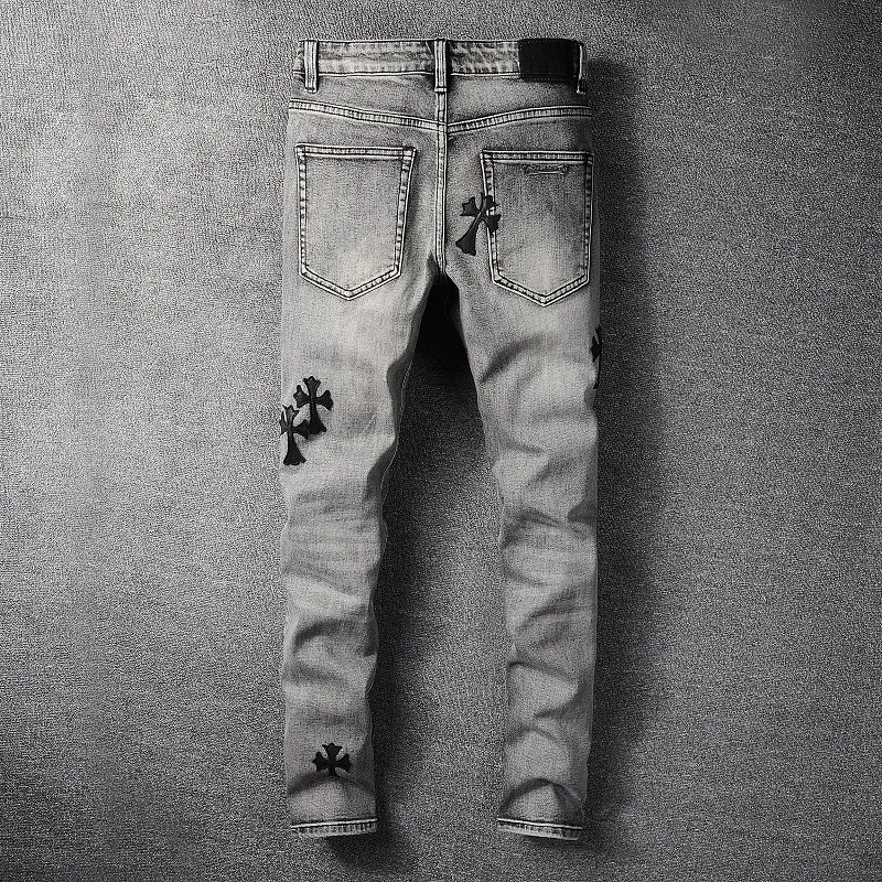 Light Blue Men's Slim Fit Streetwear Pants Fashion Print Pattern Distressed Leather Cross Patches Skinny Stretch Ripped Jeans