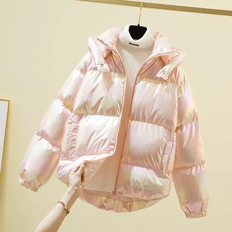 Cotton Jackets Korean Women Short Shiny Down Padded Parkas Loose Casual Warm Female Hooded Bread Cotton Coats LJ3381