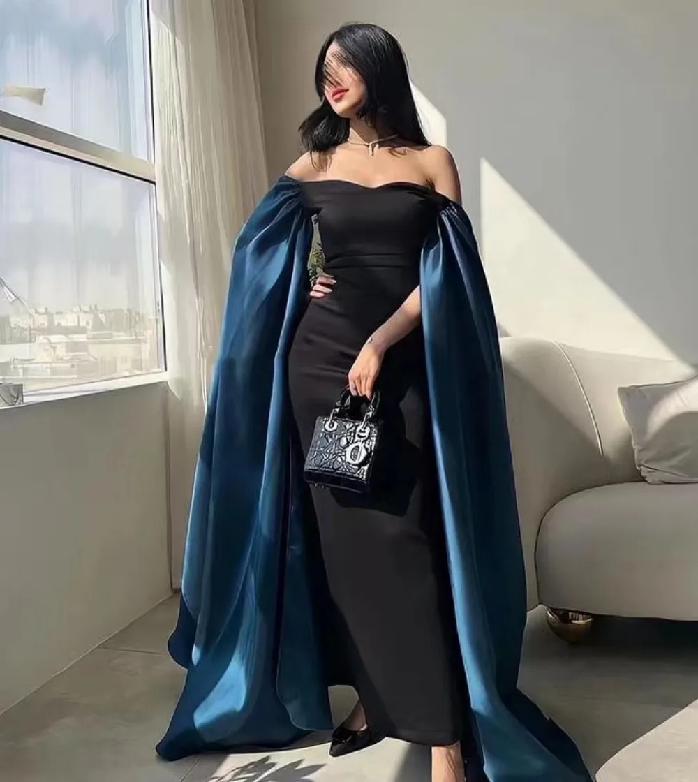 

Black Prom Dresses Neck Evening Party Formal Occasion Dress with Flutter Sleeves Gown Saudi Arabia Women Wear Bateau Custom Made