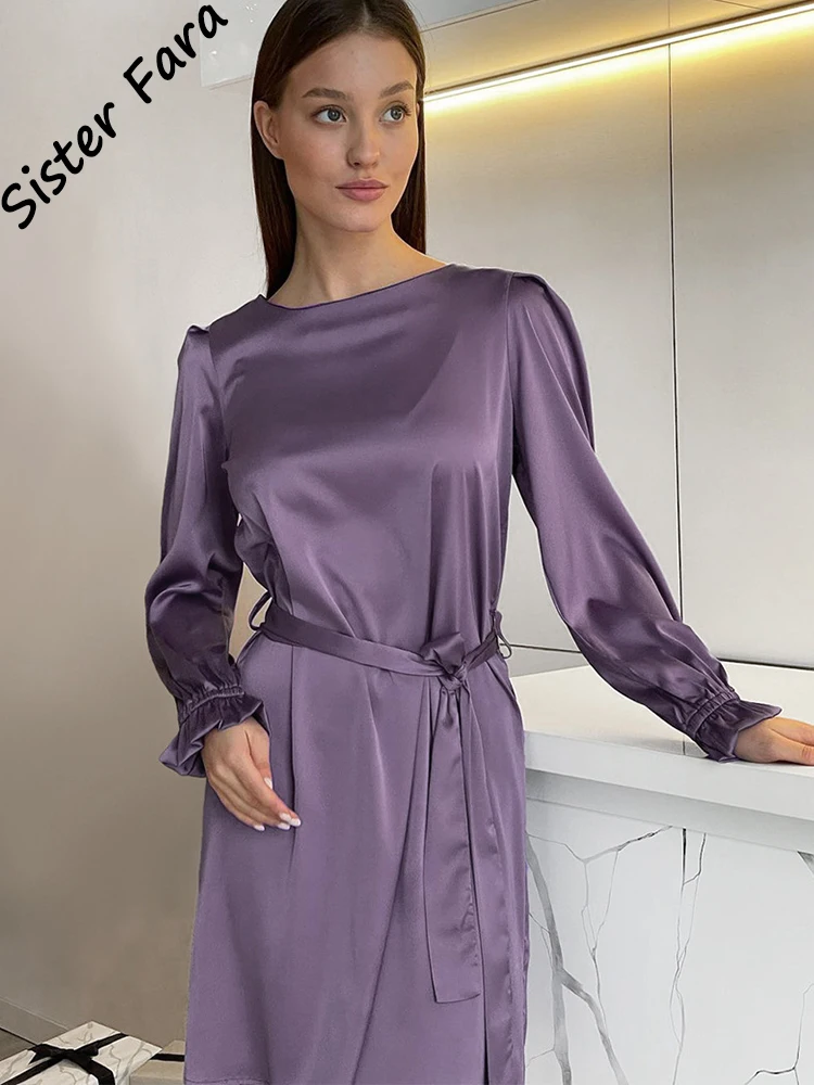 

Sister Fara O-Neck Satin Dresses for Women's Spring High Waist Lace Up Dress Autumn Female Elegant Purple A-LINE Mini Dresses