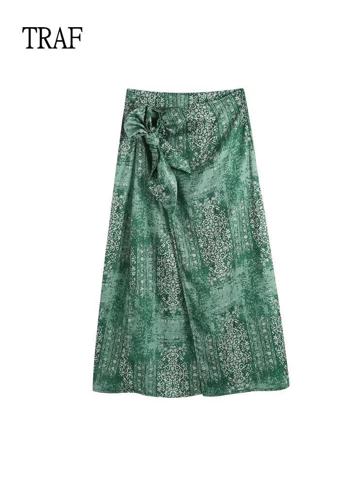 

TRAF Women Midi Skirt 2022 Summer Vintage Print Bow High Waist Wrap Skirt Woman Side Zipper Female Skirts Mujer