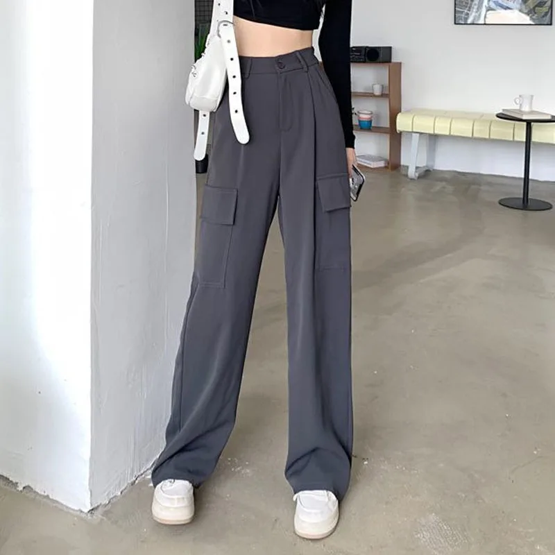 

2023 New Vintage Drop Straight Pants Women's High Waist Large Loose Wide Leg Pants Pocket Workwear Pants Casual Elastic Waist