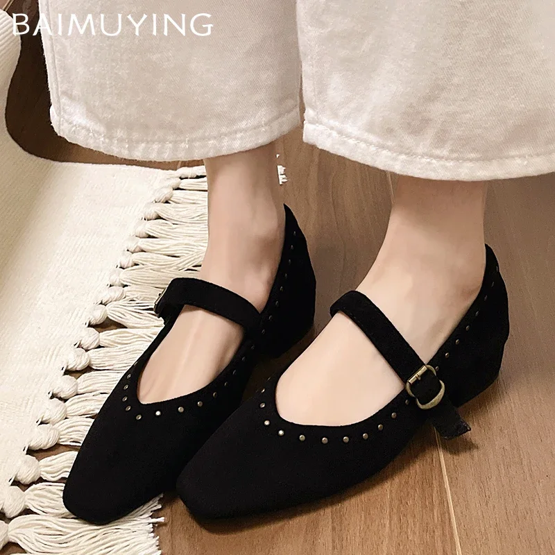 Женские туфли на среднем каблуке замшевые туфли-лодочки с квадратным носком