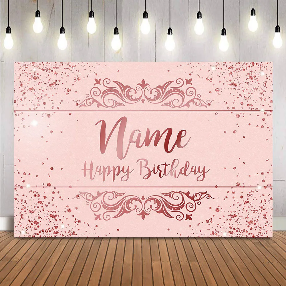 

Happy Birthday Customize Name Photo Background Pink Glitter Shining Dots Backdrop Adult Theme Party Decoration Banner Props