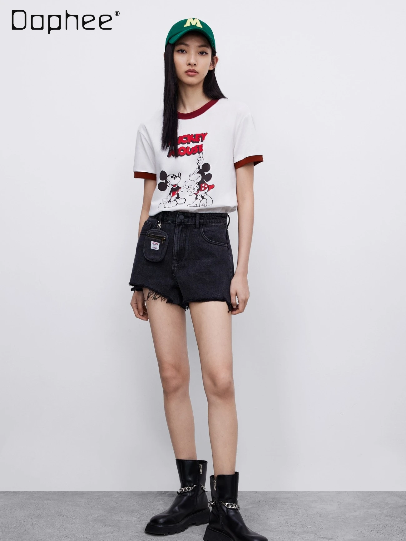 

Summer New Cartoon Print Loose Short Sleeve T-shirt Round Neck Contrast Color Female Student All-Matching Preppy Style T-shirt