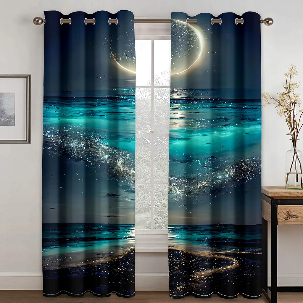 

Seaside Aurora Starry Moon Curtains 3D Digital Print Polyester Curtains Living Room Bedroom Home Decor 2 Panels Free Shipping