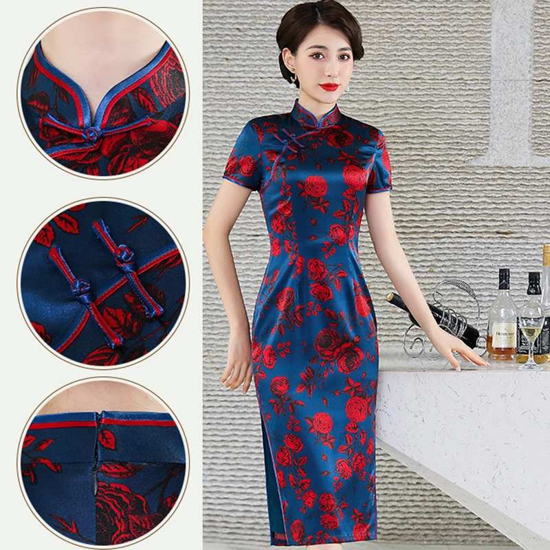 Women Printing Flower Cheongsam Chinese Style Mandarin Collar Vintage Button Short Sleeve Qipao Sexy Silk Vestidos Dress