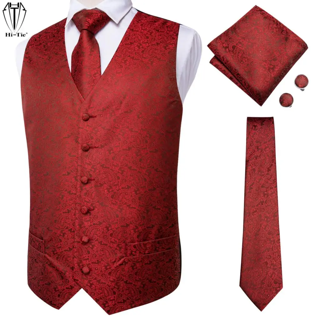 

Hi-Tie Silk Mens Vests Red Paisley Slim Fit Waistcoat Tie Hanky Cufflinks Set for Men Dress Suit Wedding Business High Quality