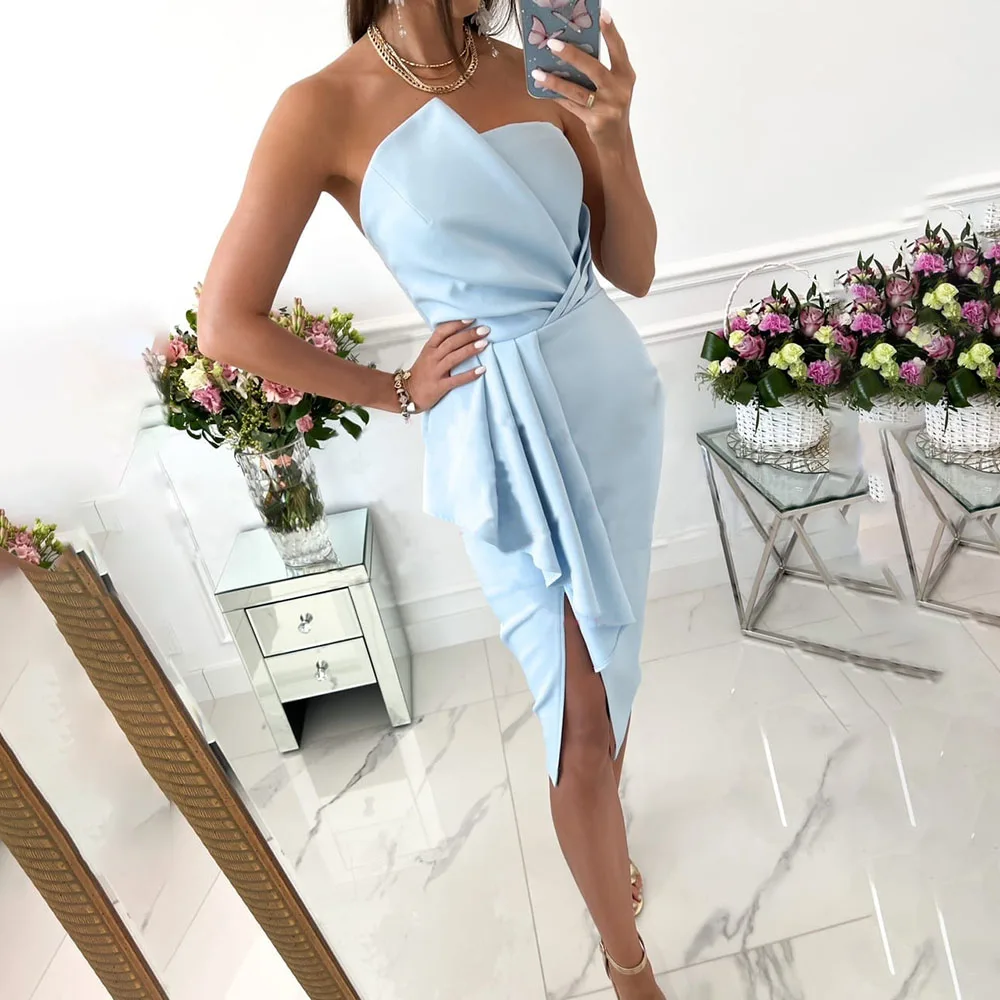 

2022 Summer New Woman Chic Sexy Cotton Elegant Dress Plain Bandeau Draped Detail Slit Sleeveless Solid Female Midi Party Dresses