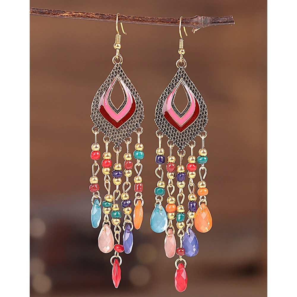 

1Pair Vintage Colorful Bohemian Waterdrop Beaded Tassel Design Hook Earrings Jewelry Gift for Women Going Out Accessories