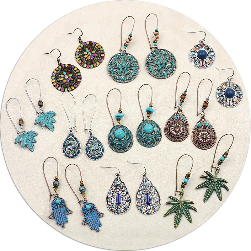 

Wholesale Fashion Jewelry Popular Vintage Bohemia Earrings Fashion Leaves Inlaid Color Stone Drop Earring Set