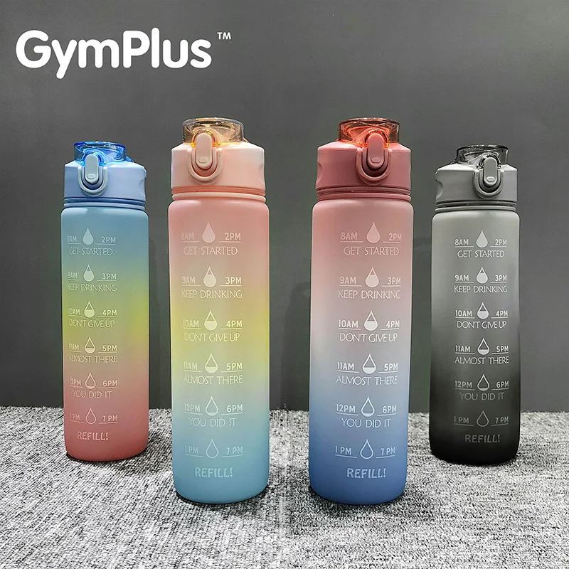 

GymPlus 1L 32oz Sports Kettle With Time Marker Health Frosted Water Cups No BPA-Free Gradient Bouncing Straw Water Bottle