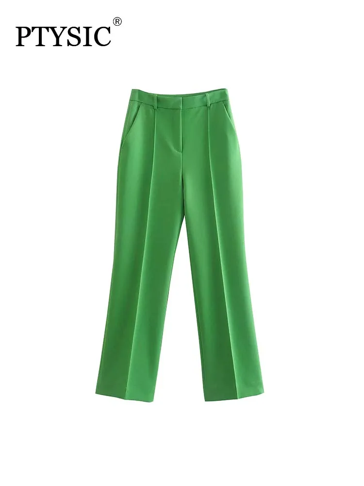 

PTYSIC Women Fashion Green Straight Trousers 2022 New For Office Lady Long Pants Vintage High Waist Zipper Fly Female Trousers