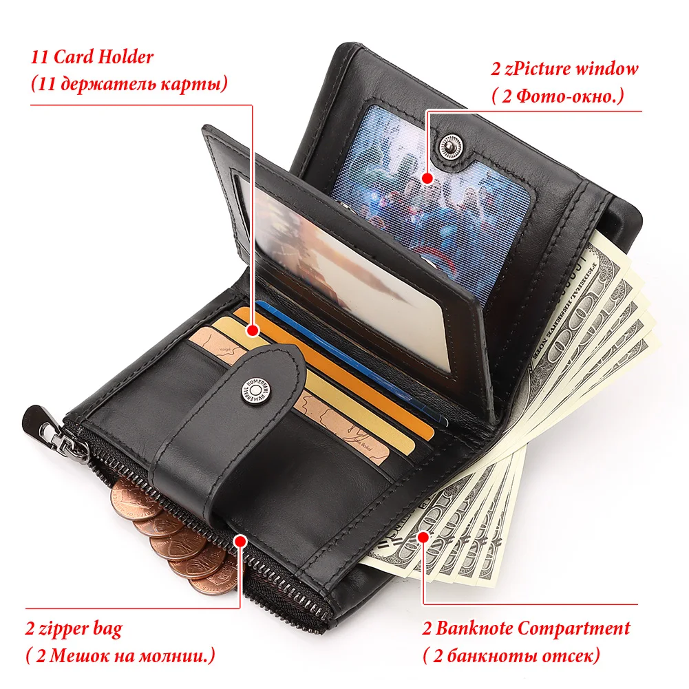 Genuine Leather Men's Wallet Fashion Casual Purse for Men RFID Blocking Credit Bank Card Holder with Double Zipper Coin Pocket