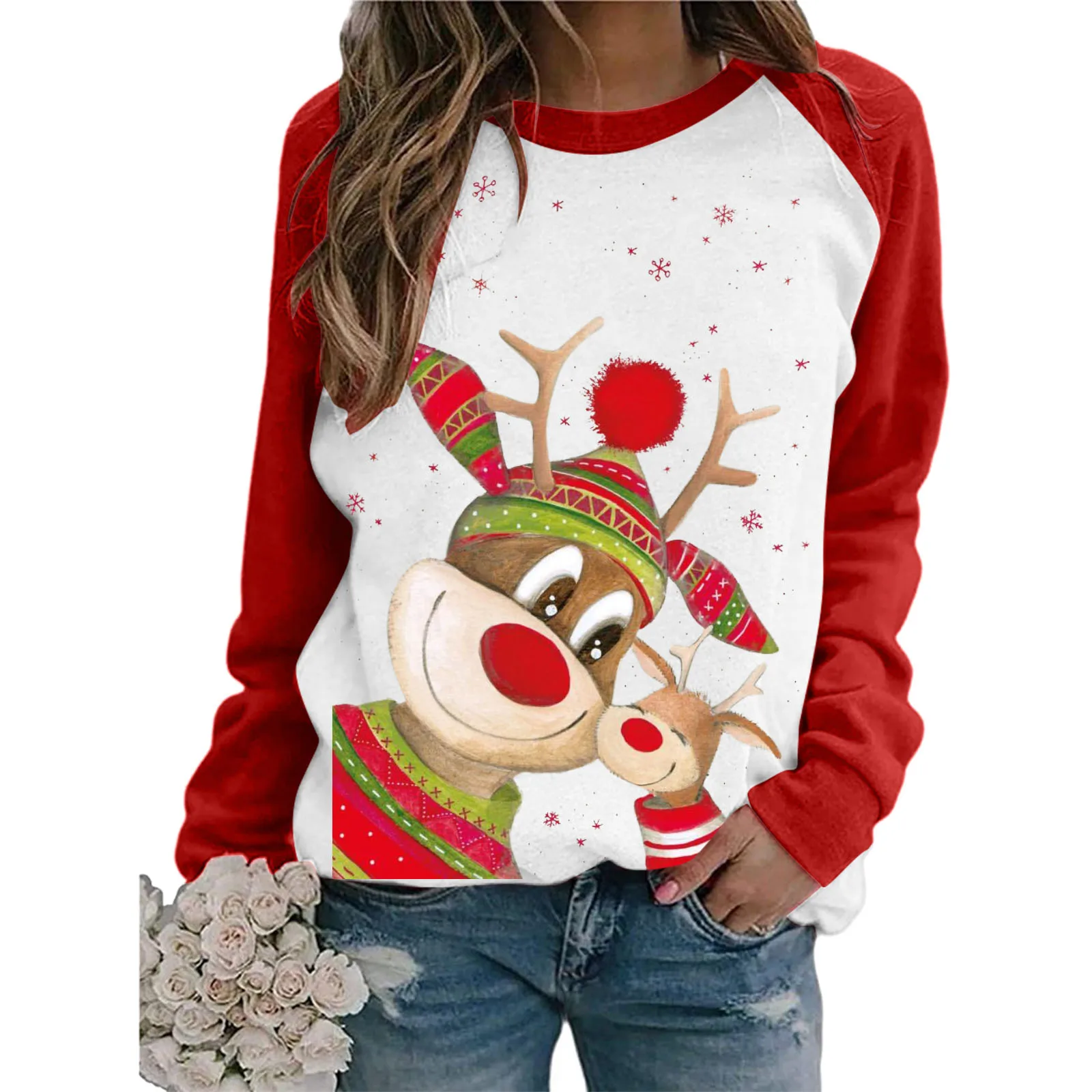 

Richkeda Store Christmas Deer Santa Print Women's T-shirt Red White Patchwork Long Sleeve Lovely T Shirt Women Fashion Casual