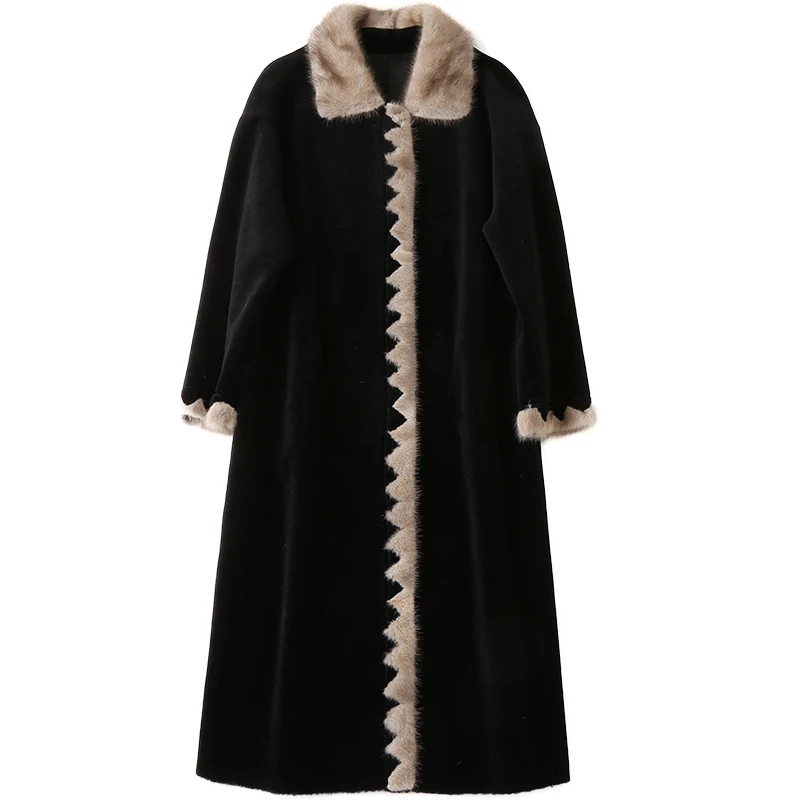 New 2022 Luxury Real Wool Fur Coat Female Plus Size Sheep Shearing Coats Natural MInk Fur Trim Collar Long Winter Jacket Women