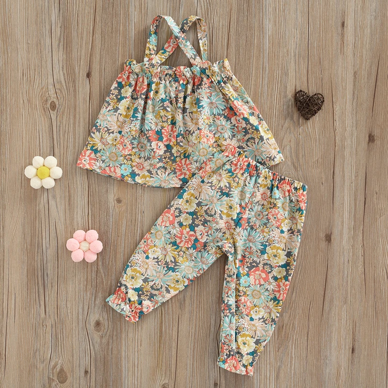 

2023 New Arrival Baby's Clothes Girls Fashion Summer Outfit Set Sleeveless Pullover Backless Camisole Elastic Band Floral Pants