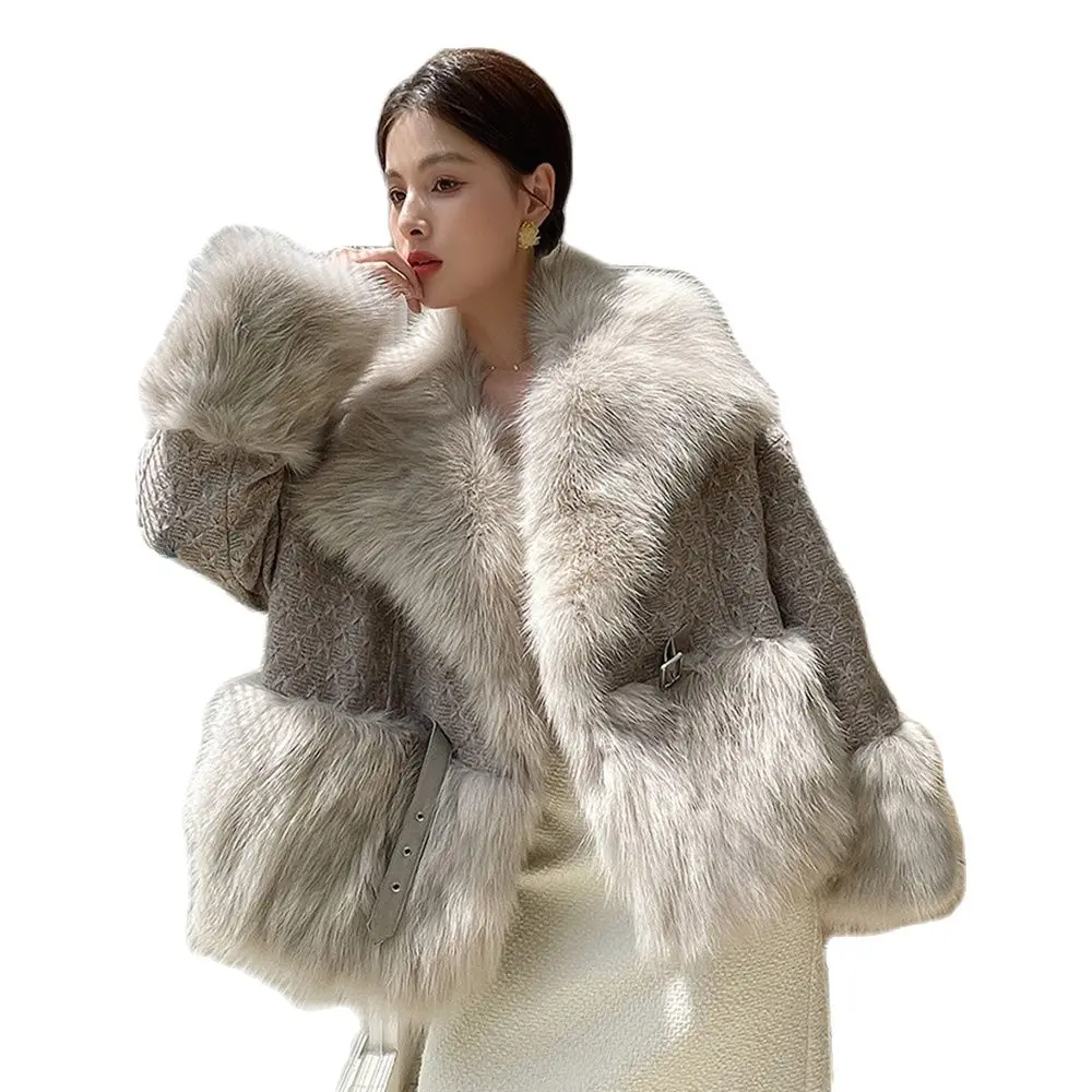 New Women Real Fur Coat Autumn Winter Thick Warm Big Fox Fur Collar Patchwork Wool Knitting Fur Jacket Loose Outerwear Female